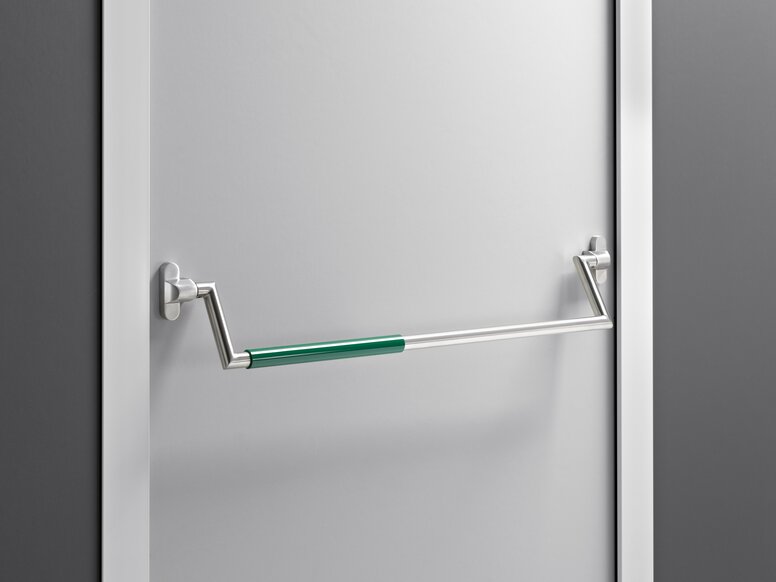 HEWI panic bar stainless steel matt Panic bar made of matt polished stainless steel with green polyamide handle tube