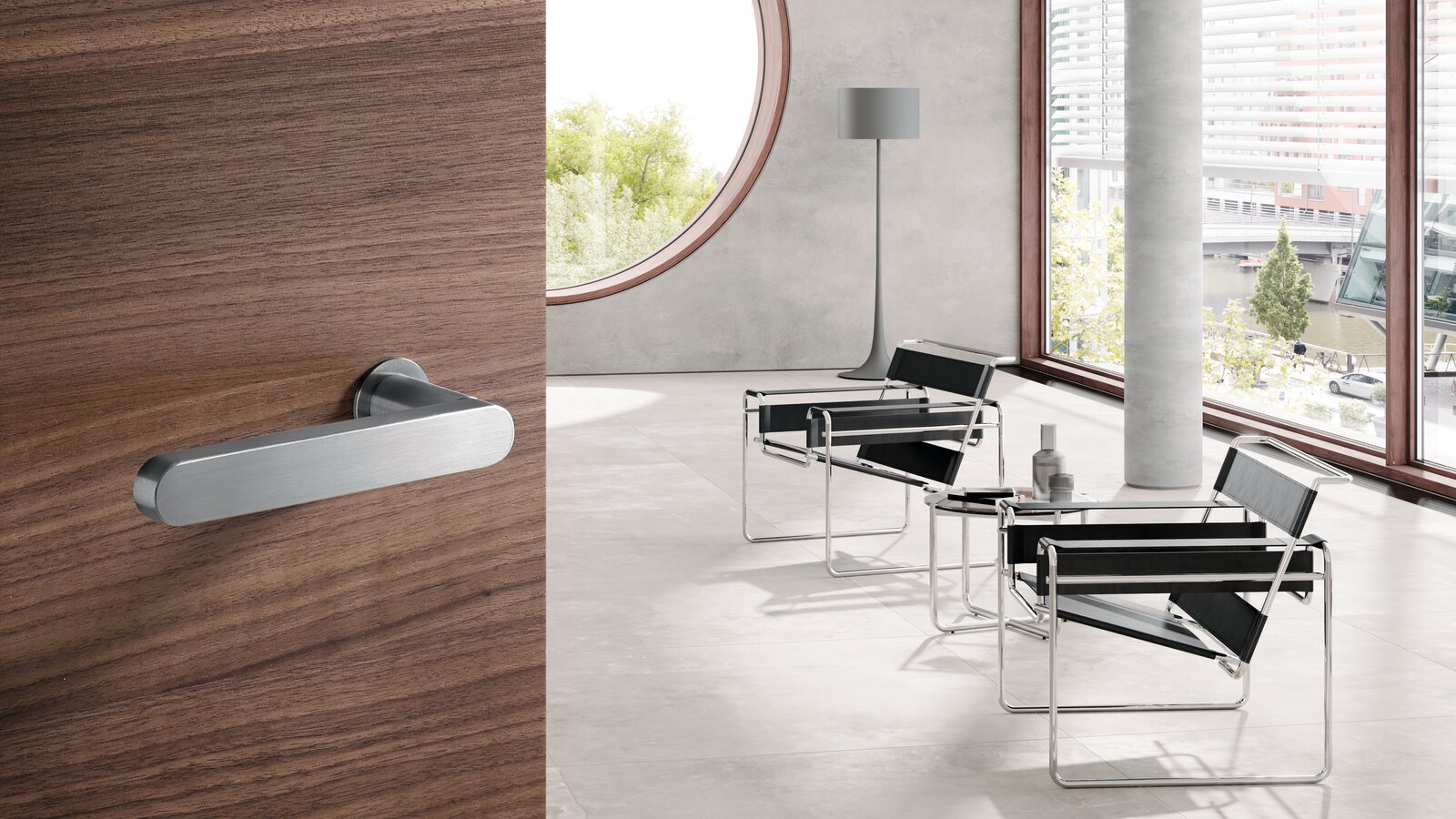 HEWI mini lever handle stainless steel matt Office building door fitted with a lever handle with reduced rosette in matt stainless steel