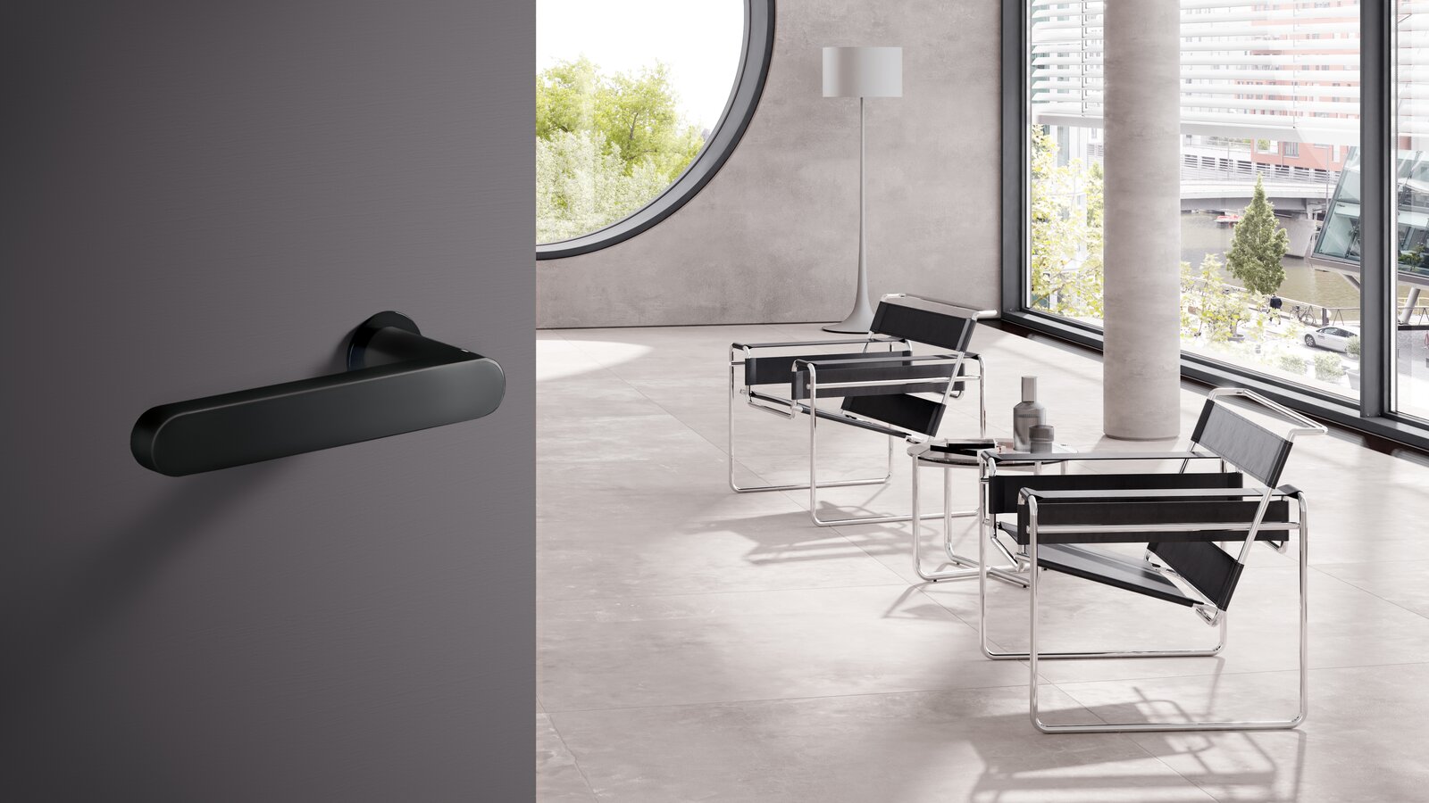 HEWI lever handle mini black matt Office building door fitted with a black lever handle