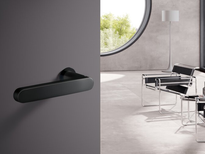 HEWI lever handle mini black matt Office building door fitted with a black lever handle