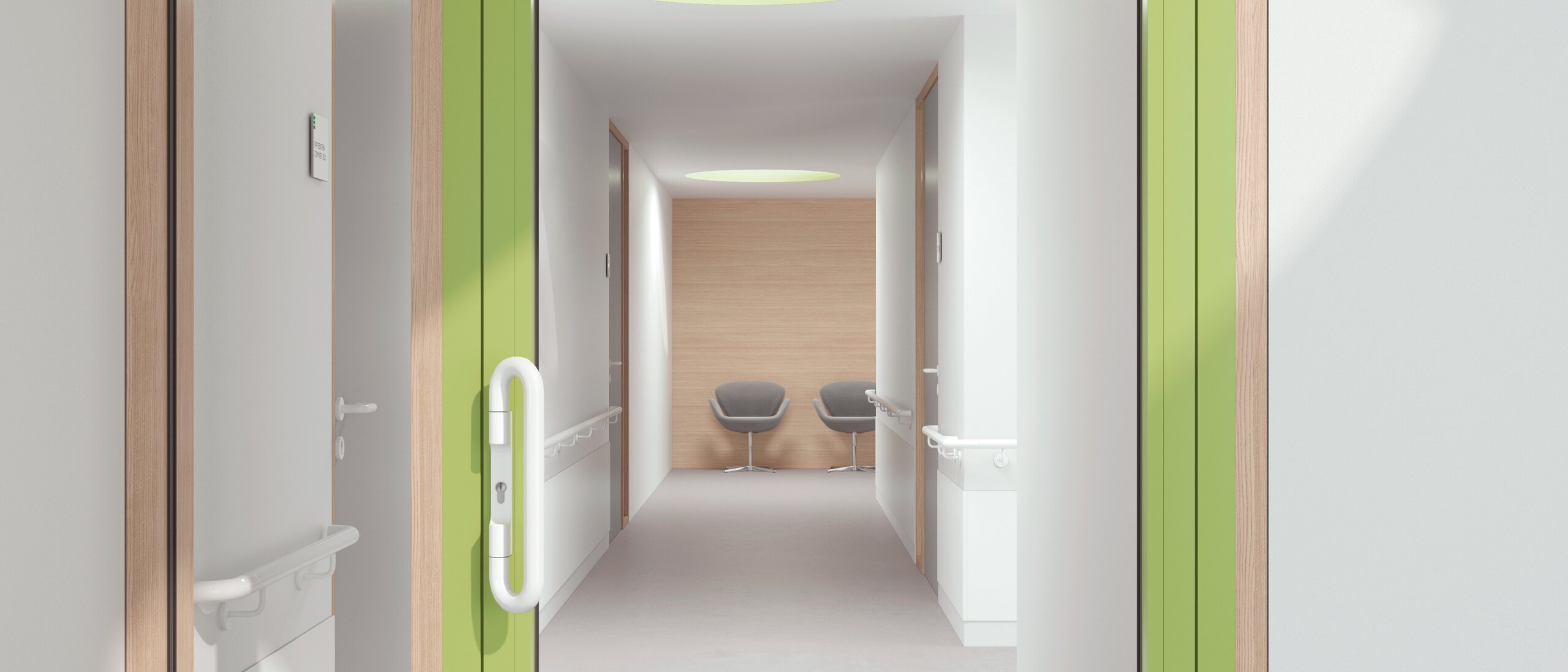 HEWI lever handle signal white Glazed hospital door with green frame equipped with a lever handle in the colour signal white made of polyamide