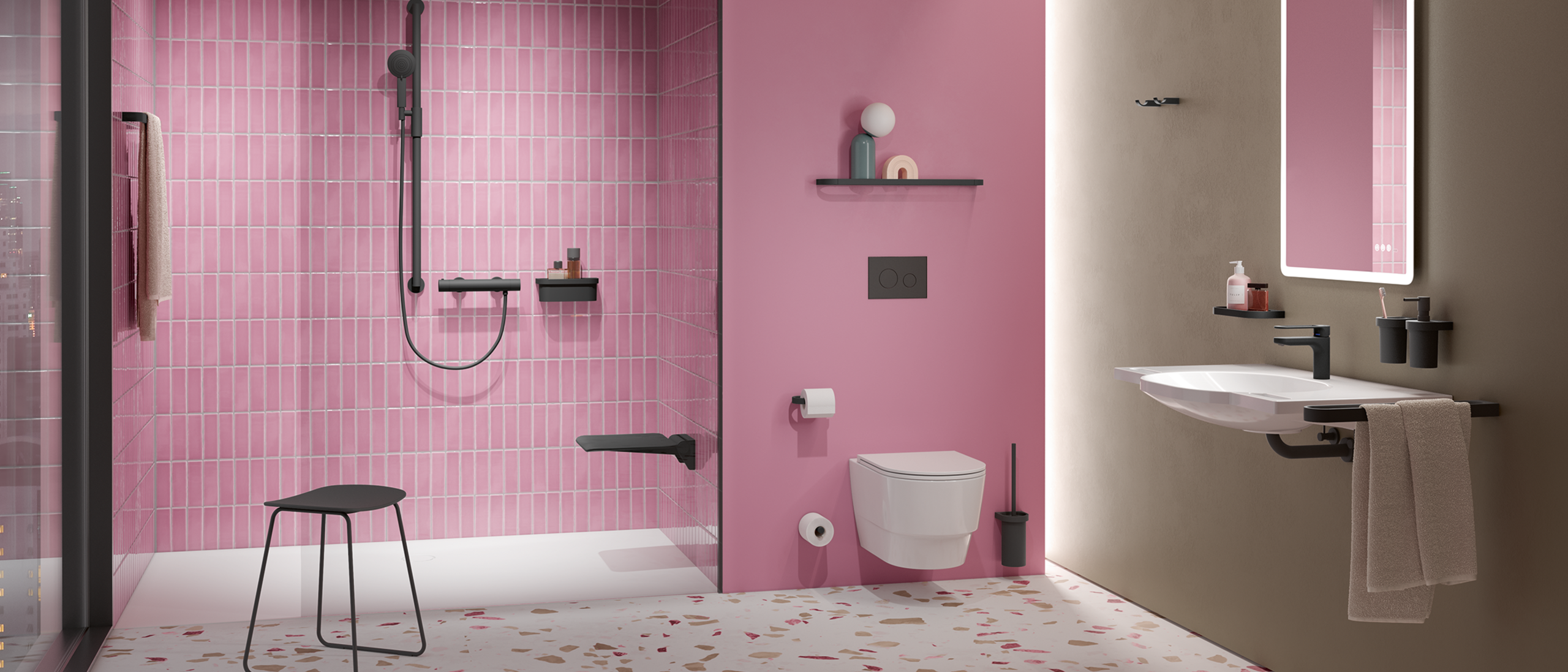 HEWI System 800 black matt Bathroom with washbasin, shower area and WC