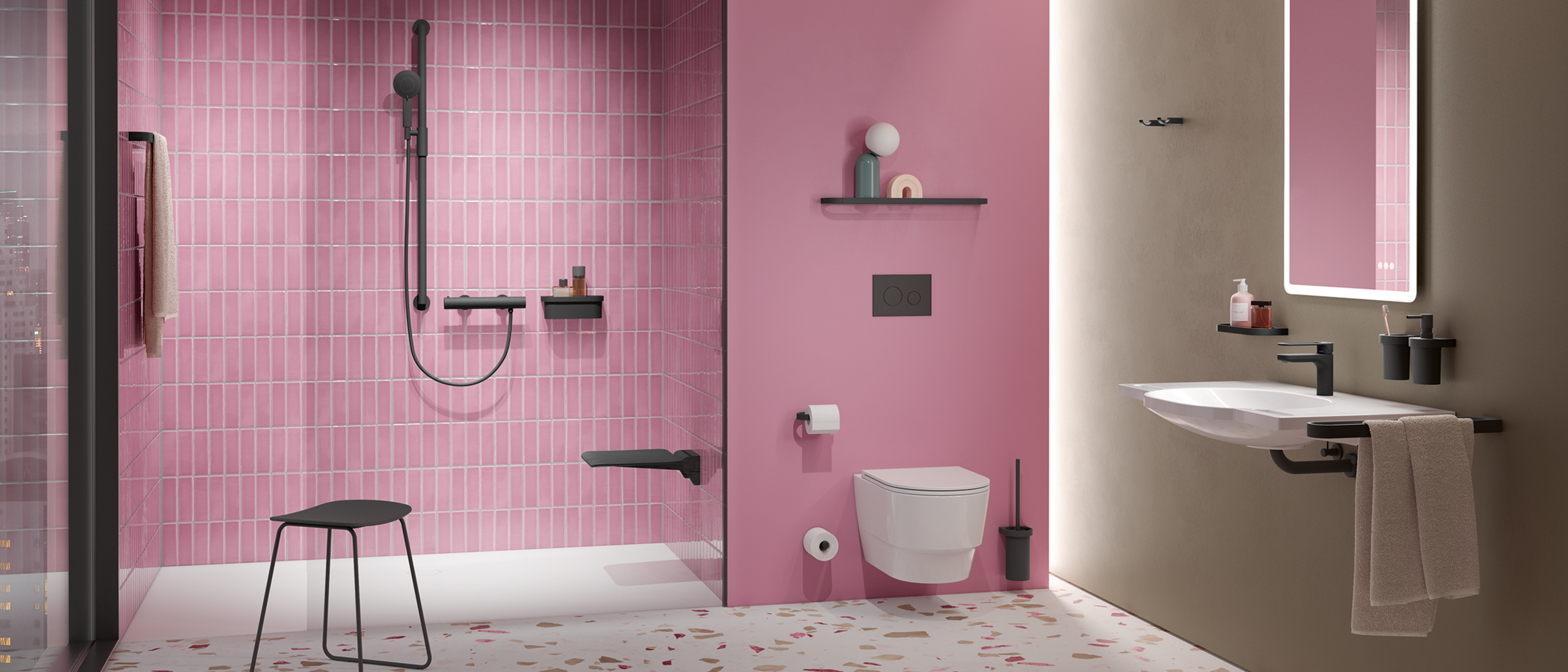 HEWI System 800 czarny mat łazienka z umywalką, kabiną prysznicową i toaletą