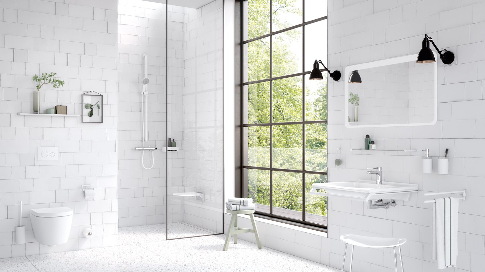 HEWI Series 162 white matt Bathroom, equipped with sanitary accessories such as towel rail, soap dispenser, toilet roll holder in the colour white matt