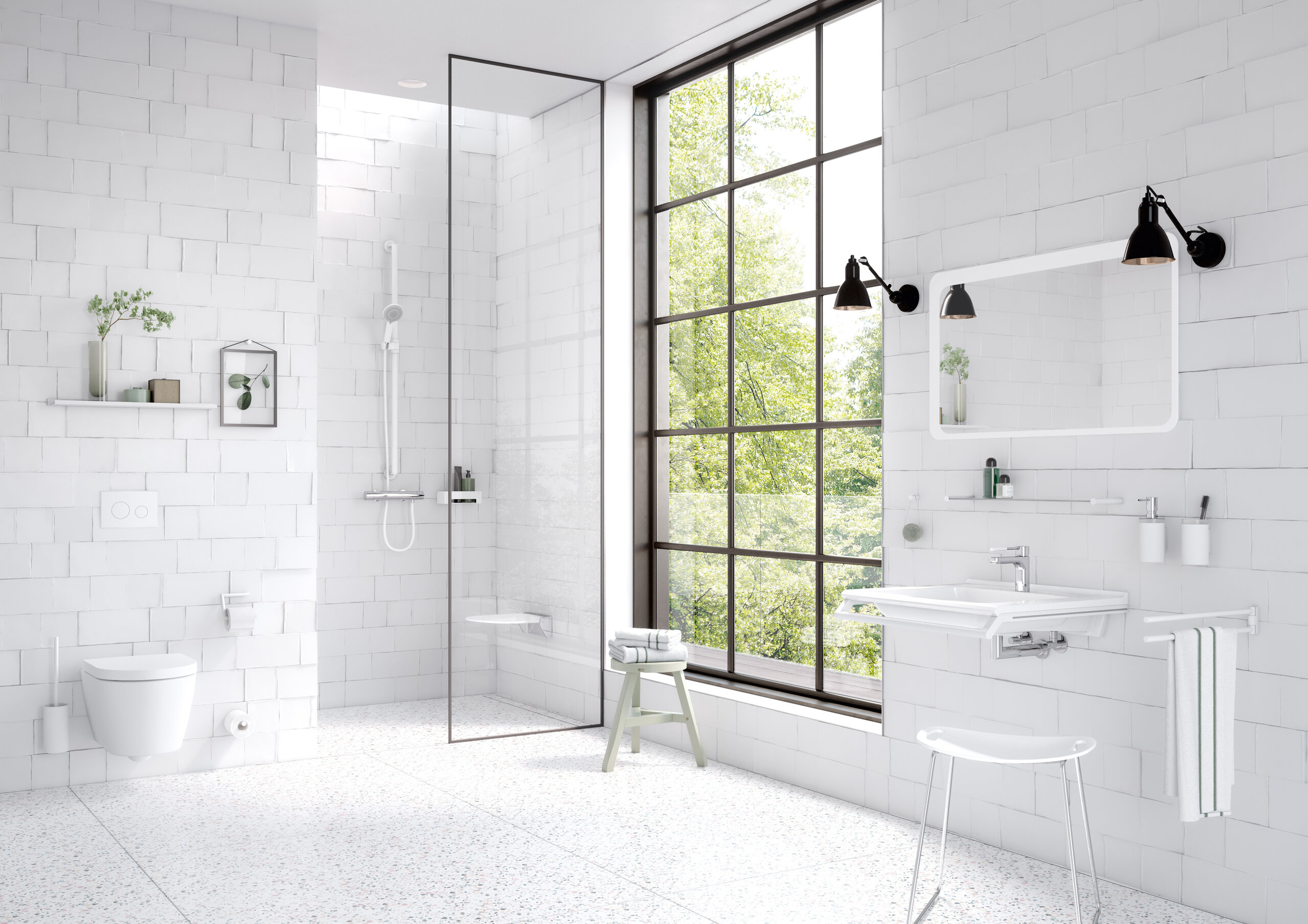 HEWI Series 162 white matt Bathroom, equipped with sanitary accessories such as towel rail, soap dispenser, toilet roll holder in the colour white matt