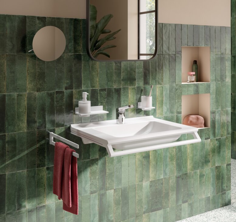 HEWI System 900Q Washplace equipped with towel rail and soap dispenser in the colour white matt