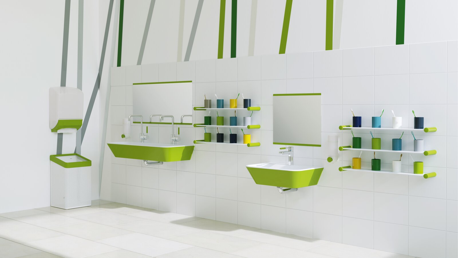 Child-friendly HEWI washbasin green Child-friendly washbasin with green accents; two washbasins at different heights next to colourful toothbrush holders