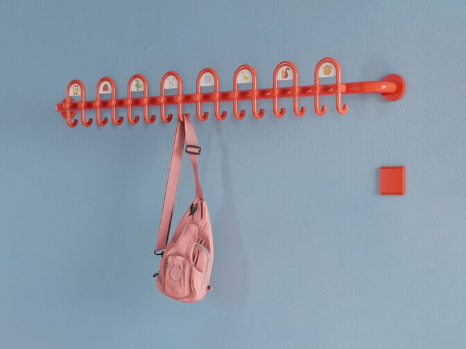 HEWI coat rack and fittings for children Colourful kindergarten equipped with fittings and wardrobe in the colour orange