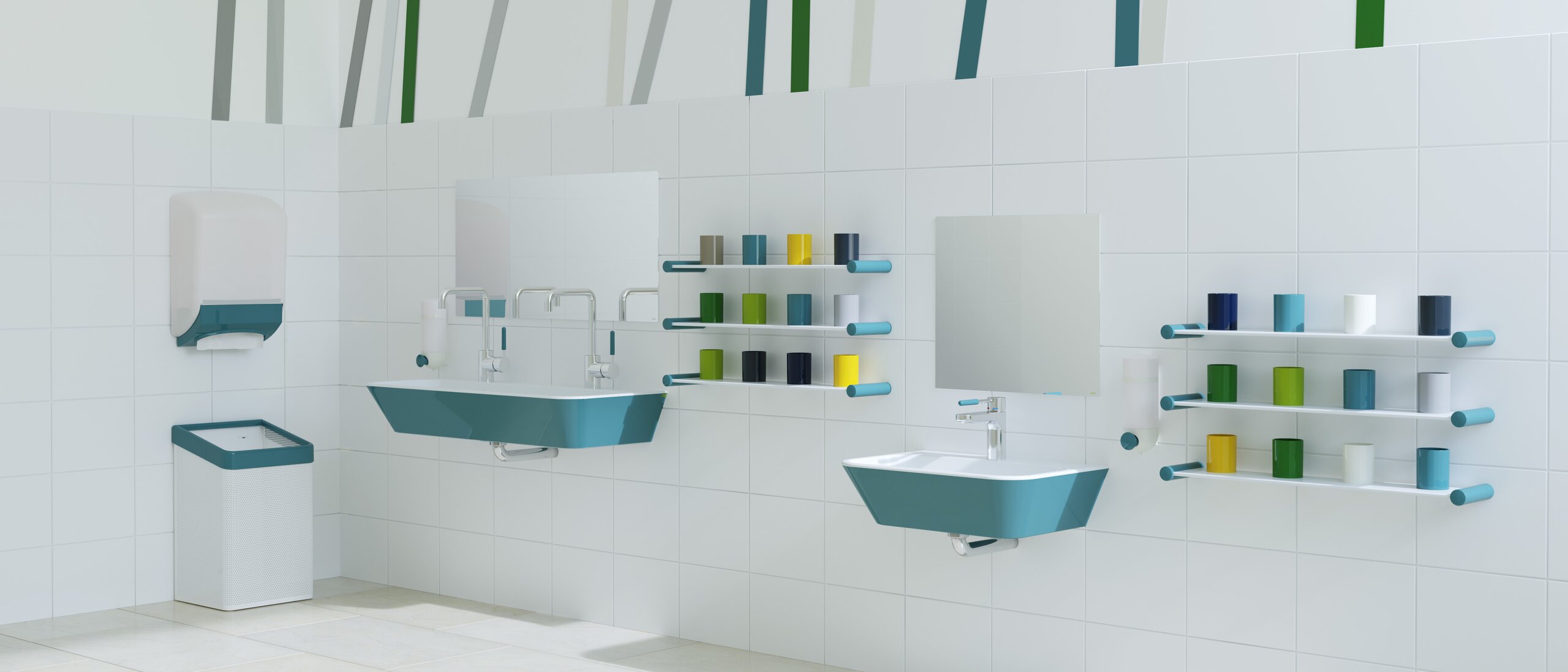 Child-friendly HEWI washbasin blue Two washbasins at different heights next to colourful toothbrush mugs