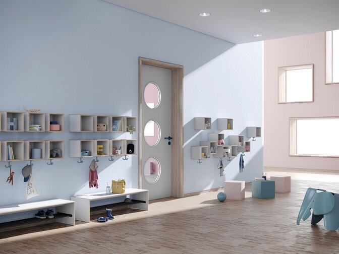 HEWI M20 Furniture for children Blue-coloured kindergarten corridor with wall-mounted coat racks, triple hooks and seating