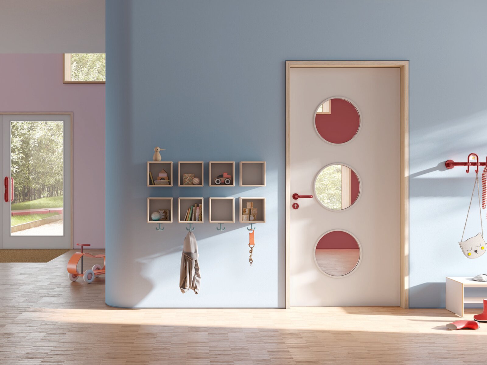 HEWI fittings, wardrobe and M20 furniture for children Colourful kindergarten equipped with HEWI fittings, cloakroom and furniture