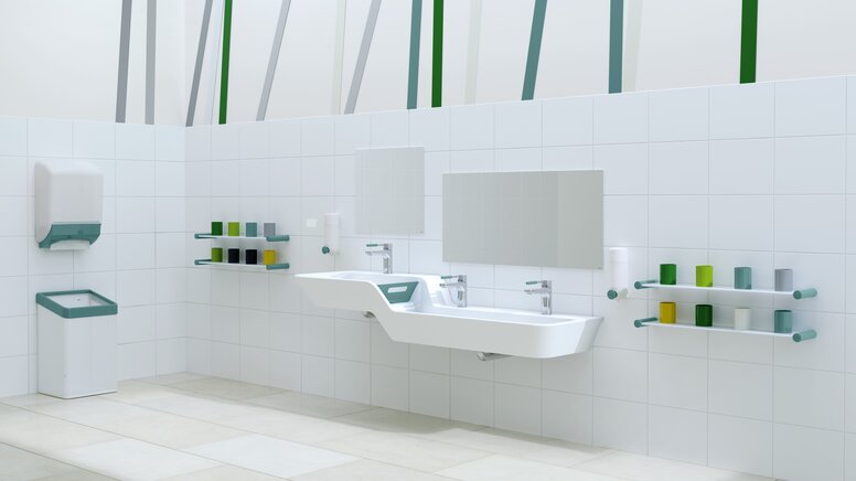 Child-friendly HEWI washbasin blue Child-friendly washbasin with blue accents, washbasin with built-in height and depth adjustment next to colourful toothbrush tumbler strips