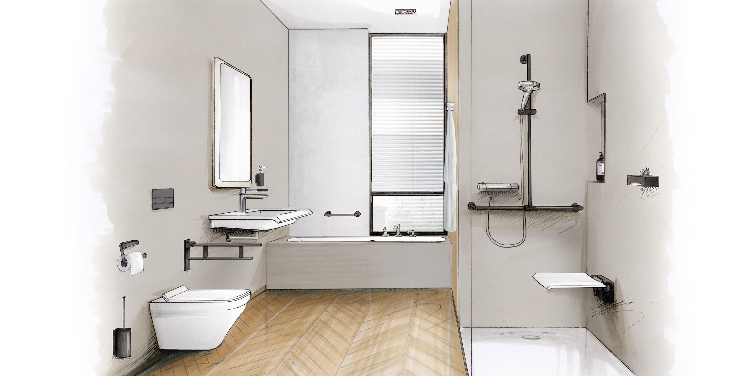 HEWI System 900 Drawing of a barrier-free bathroom with washbasin, shower area and WC