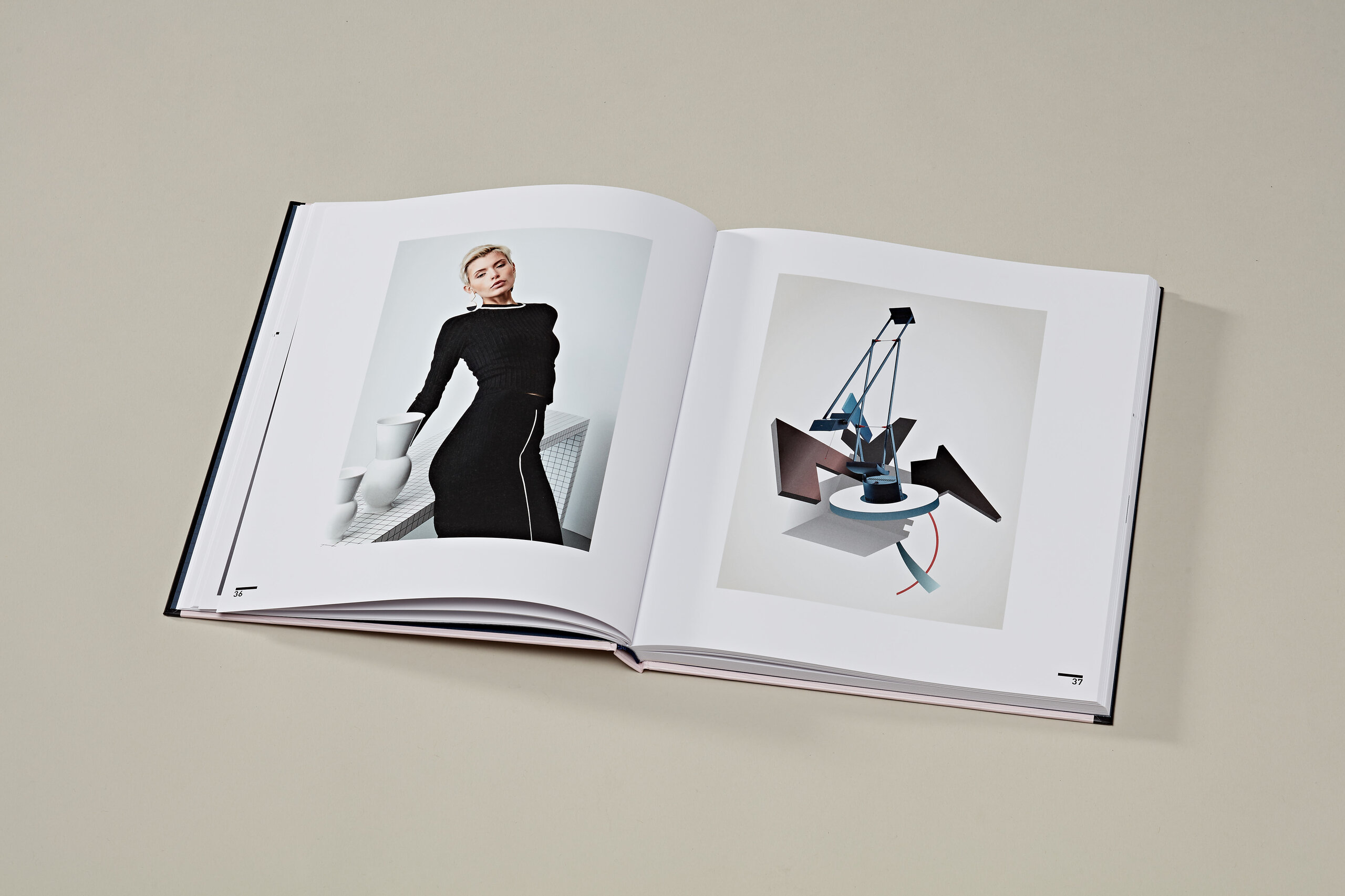 Re:Form Art volume Bauhaus Two open pages of the art book on the Bauhaus exhibition; model in black clothing and vases on the left, lamp with artistic forms on the right