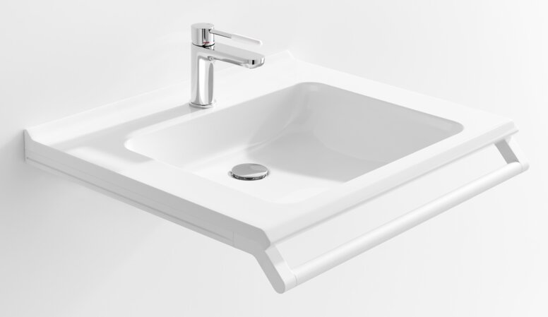 Barrier-free washbasin with grab rail in matt white stainless steel and chrome single-lever tap with white polyamide handle element