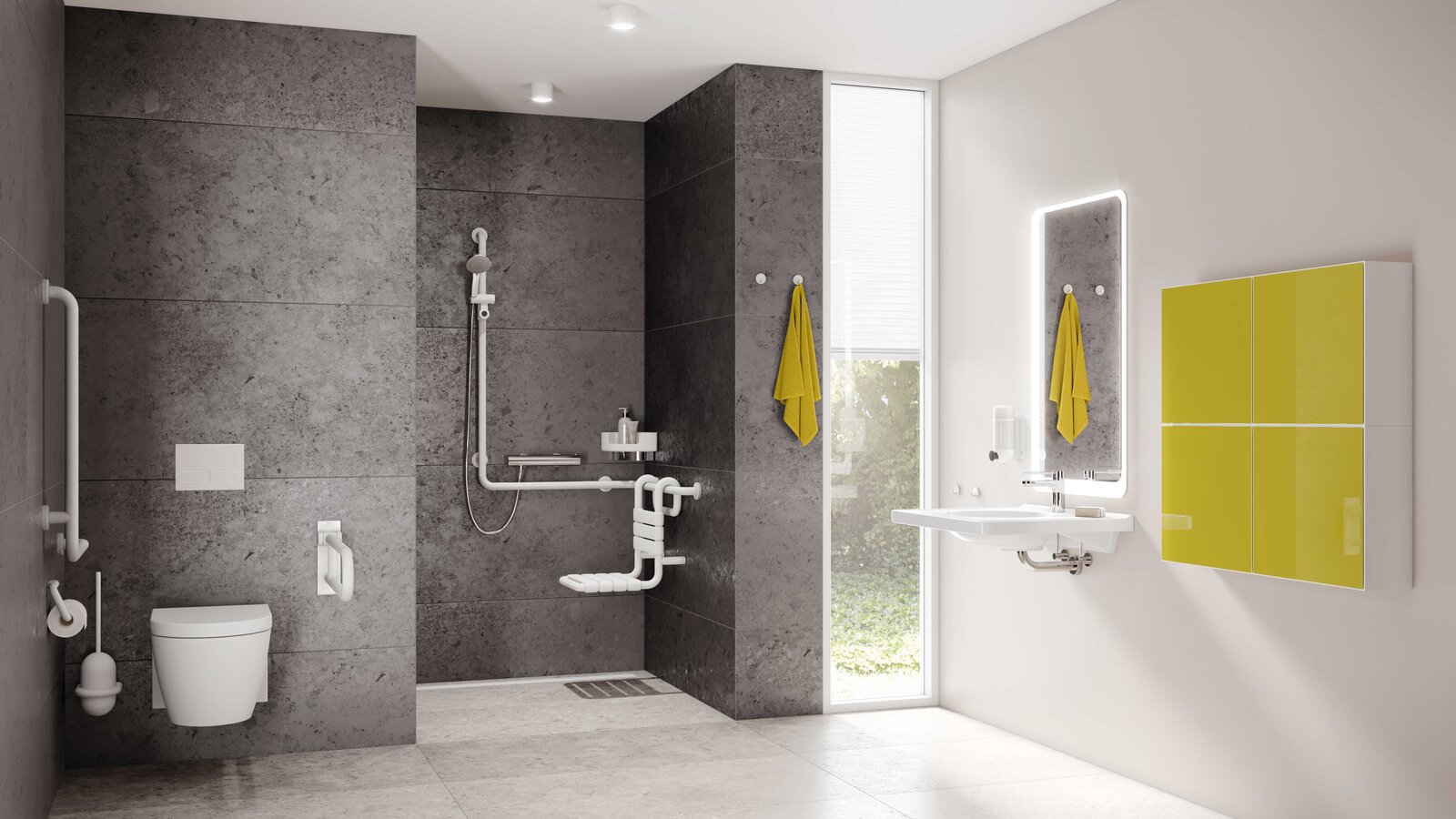 HEWI barrier-free bathroom series 477/801 Barrier-free bathroom with washbasin, shower area and WC Series 477/801