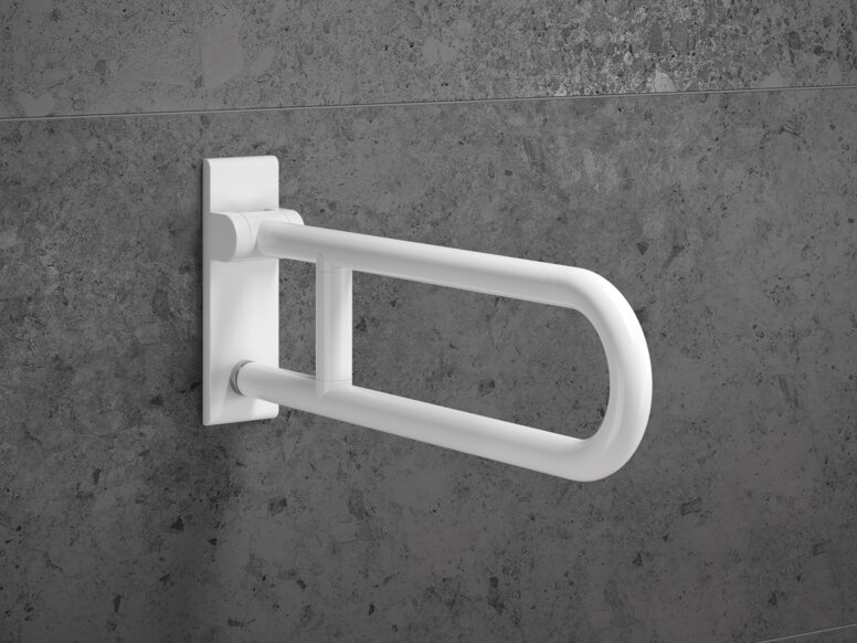 HEWI hinged support handle signal white matt Removable folding support handle in the colour signal white matt made of polyamide