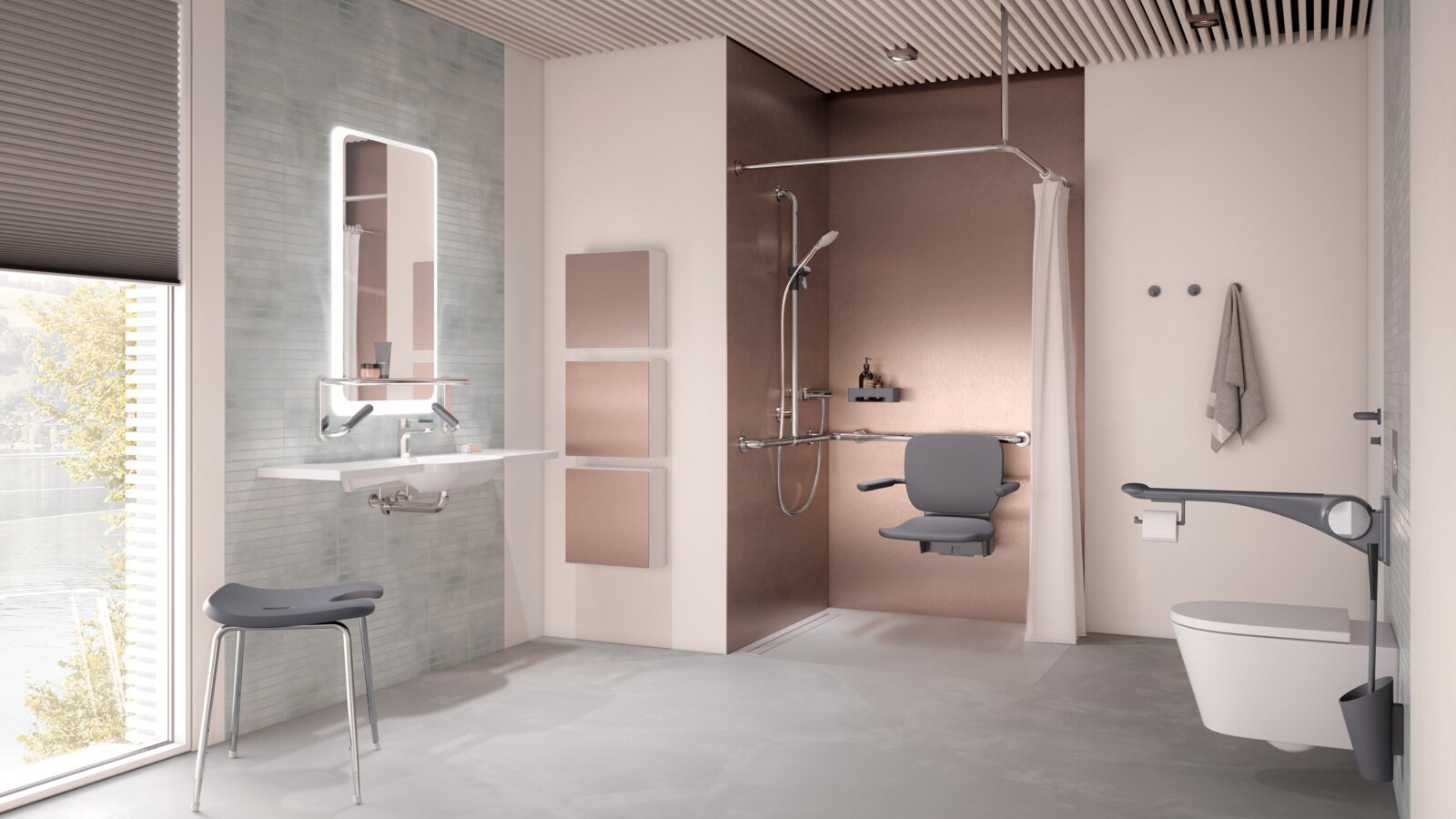 Barrier-free care bathroom HEWI lift system anthracite matt Barrier-free care bathroom with washbasin, shower area and WC