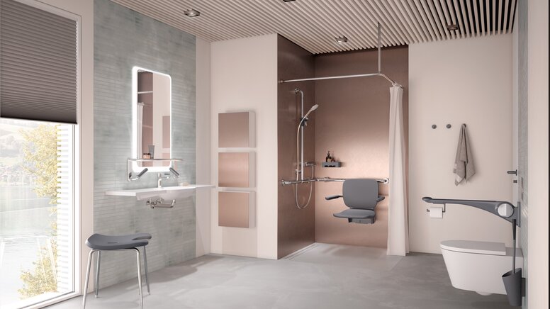 Barrier-free care bathroom HEWI lift system anthracite matt Barrier-free care bathroom with washbasin, shower area and WC