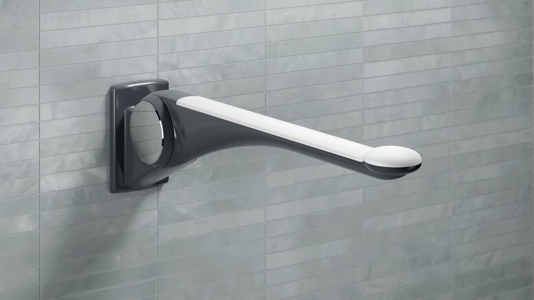 HEWI LifeSystem folding support handle anthracite-white Folding support handle in the colour anthracite with grip pad in the colour white