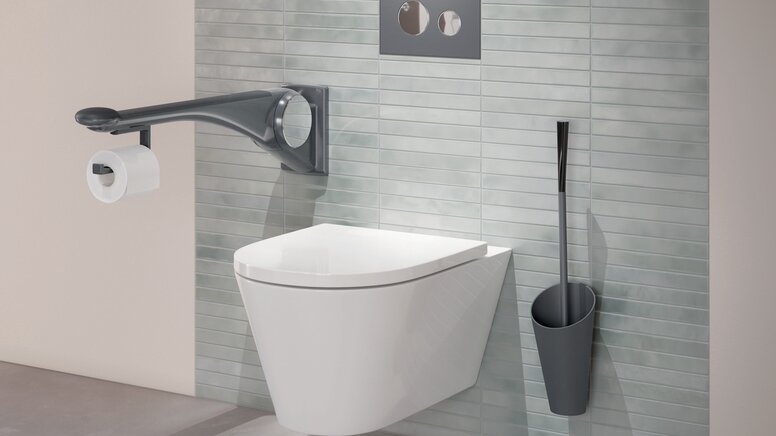 HEWI LifeSystem folding support handle anthracite matt WC equipped with folding support handle and toilet brush in the colour anthracite matt