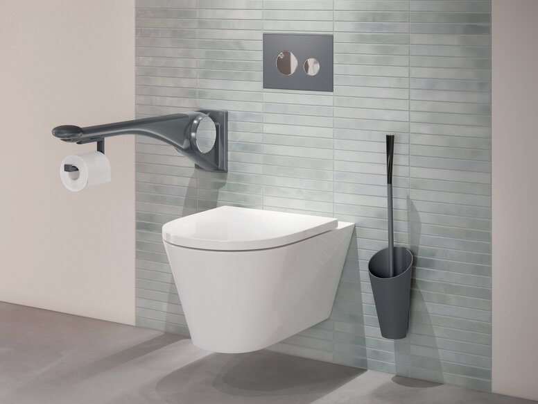 HEWI LifeSystem folding support handle anthracite matt WC equipped with folding support handle and toilet brush in the colour anthracite matt