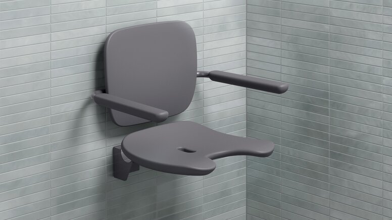 HEWI Shower seat anthracite Shower seat with backrest and armrests in the colour anthracite made of hard foam