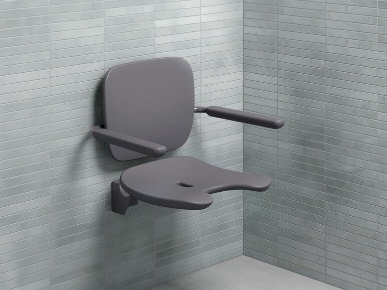 HEWI Shower seat anthracite Shower seat with backrest and armrests in the color anthracite made of hard foam