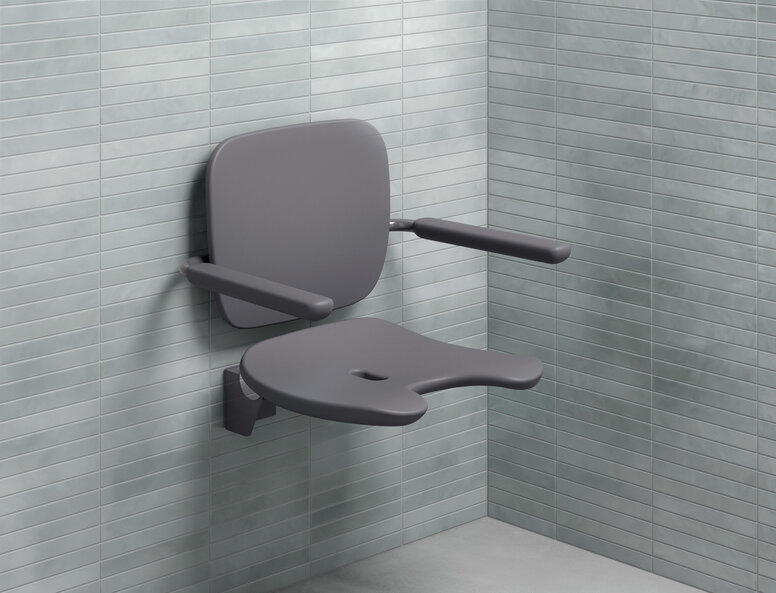 HEWI Shower seat anthracite Shower seat with backrest and armrests in the colour anthracite made of hard foam