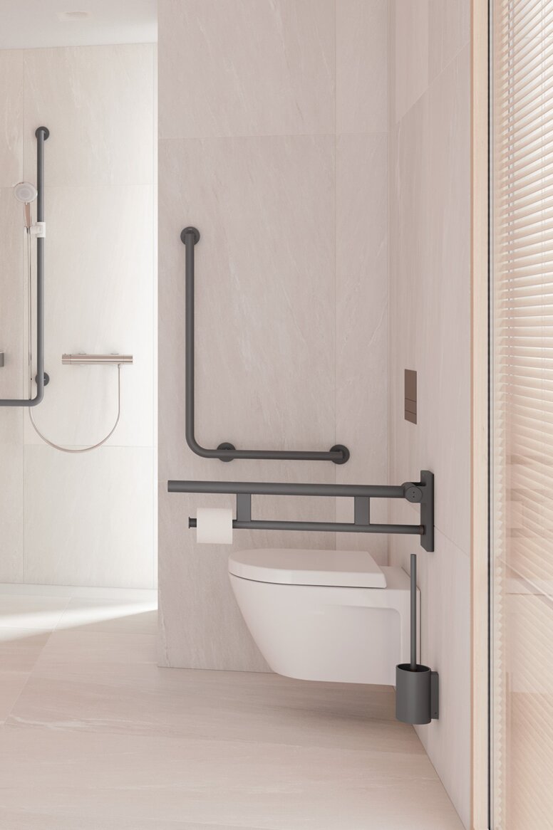 HEWI Series 900 Anthracite matt Barrier-free bathroom with washbasin, shower area and WC