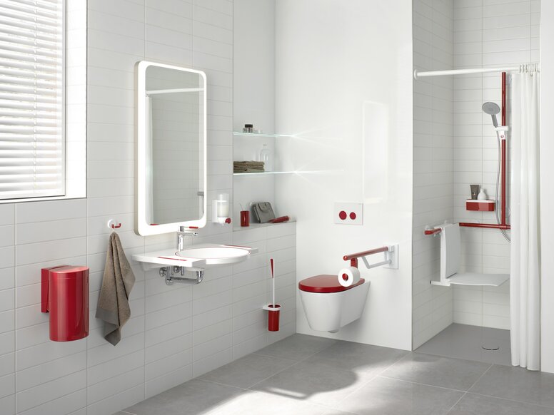 HEWI dementia-sensitive products Bathroom equipped with products in a contrasting red colour for dementia patients