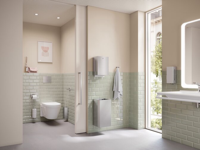 HEWI System 900 ze stali nierdzewnej Łazienka z pralką i toaletą