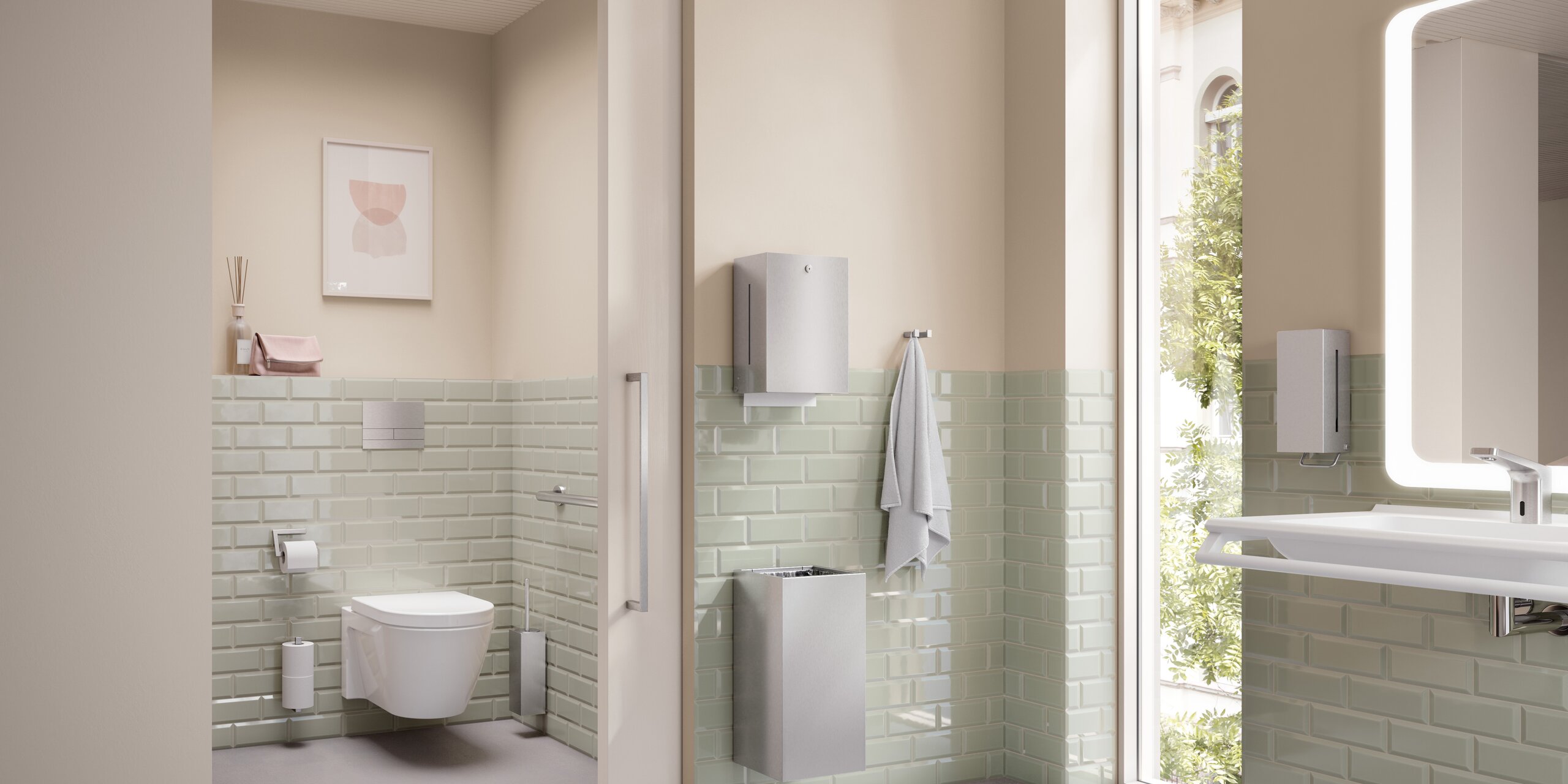 HEWI System 900 stainless steel Bathroom with washing area and WC