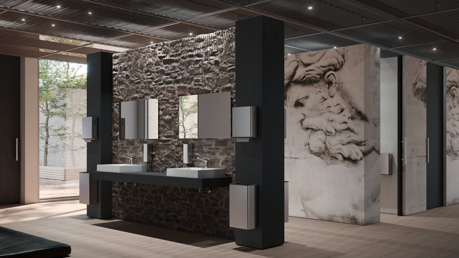 HEWI dispenser products public WC stainless steel matt Public WC equipped with HEWI soap and paper towel dispensers in matt stainless steel