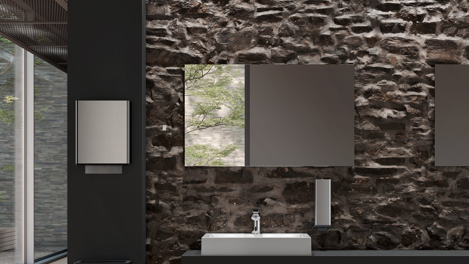 Public washplace equipped with manual tap, soap and paper towel dispenser from HEWI Manual dispenser products