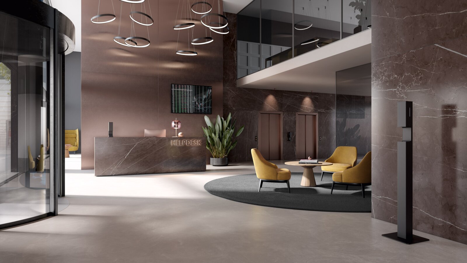 HEWI SENSORIC disinfectant dispenser column Modern reception area with a disinfectant dispenser column in matt black stainless steel