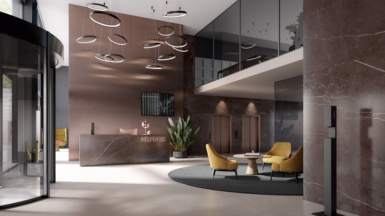 HEWI SENSORIC disinfectant dispenser column Modern reception area with a disinfectant dispenser column in matt black stainless steel