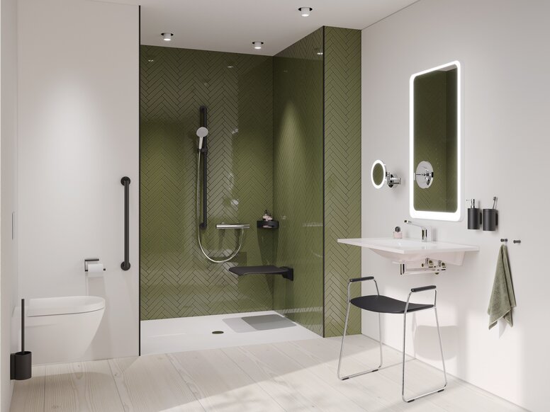 HEWI barrier-free bathroom system 900 Black matt Barrier-free bathroom with washbasin, shower area and WC