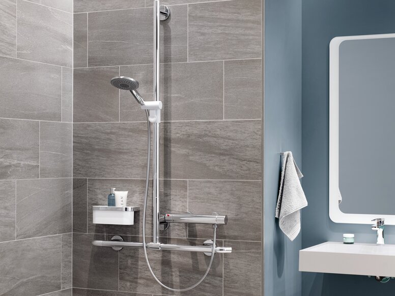HEWI WARMTOUCH shower rail Shower rail made of polyamide with chrome optical coating