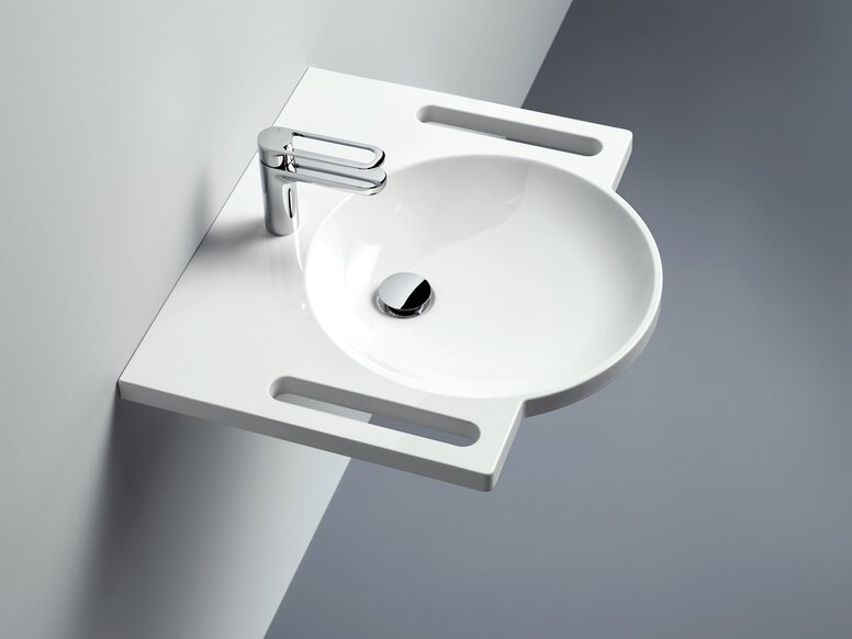 HEWI washstand Washbasin with grab rail, round basin and single lever tap in chrome