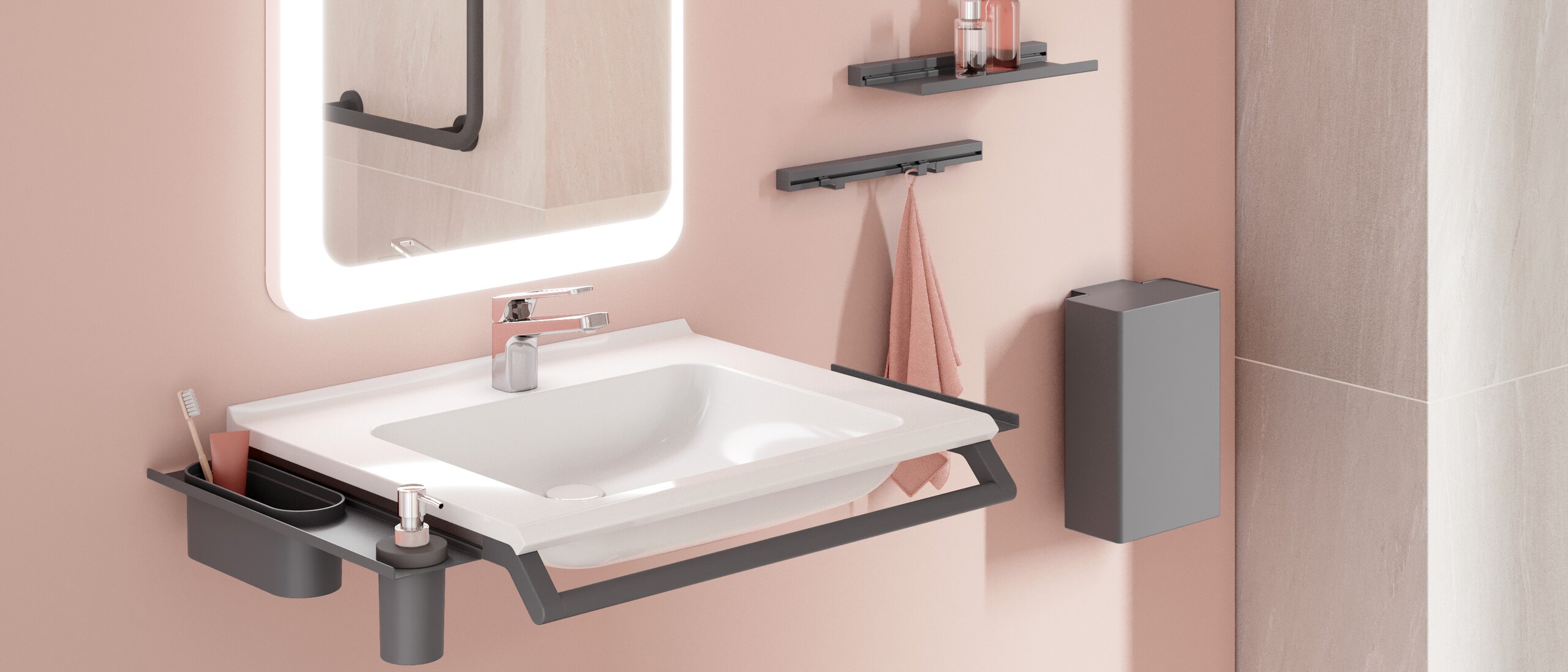 HEWI modular washbasin Modular washbasin and stool in matt anthracite